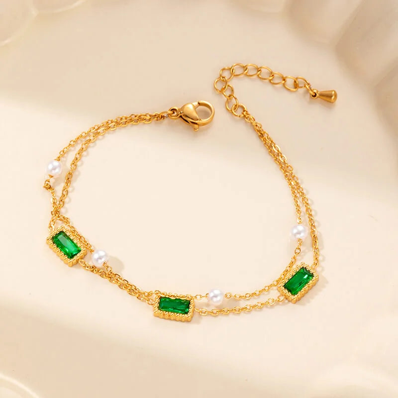 Γυναικείο Βραχιόλι Gold Emerald and Pearls Bracelet