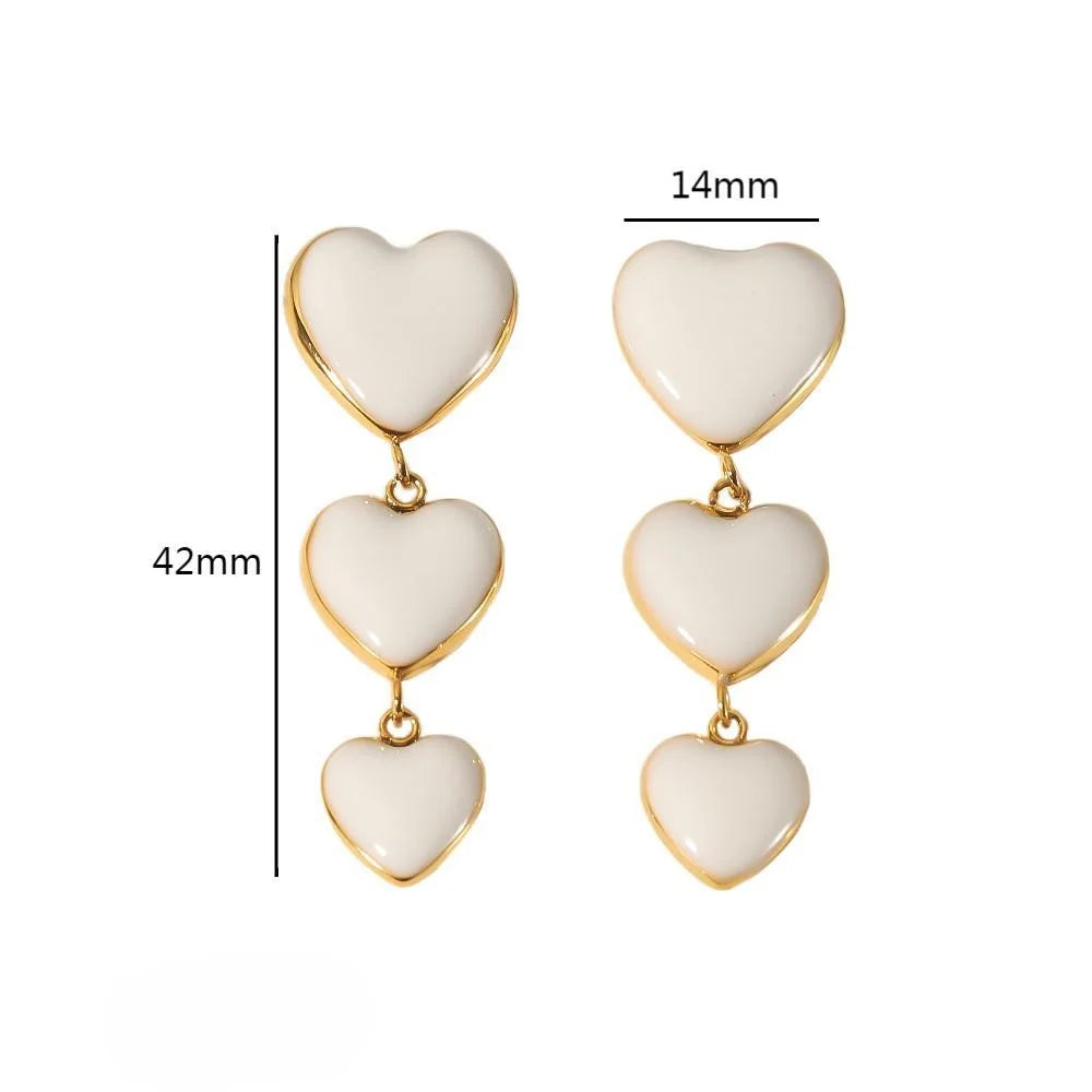 Γυναικεία Σκουλαρίκια Gold Earrings Triple Hearts White Enamel
