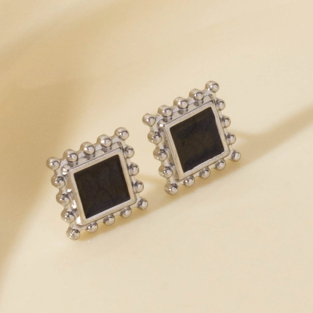 Γυναικεία Σκουλαρίκια Silver Black Square Earrings