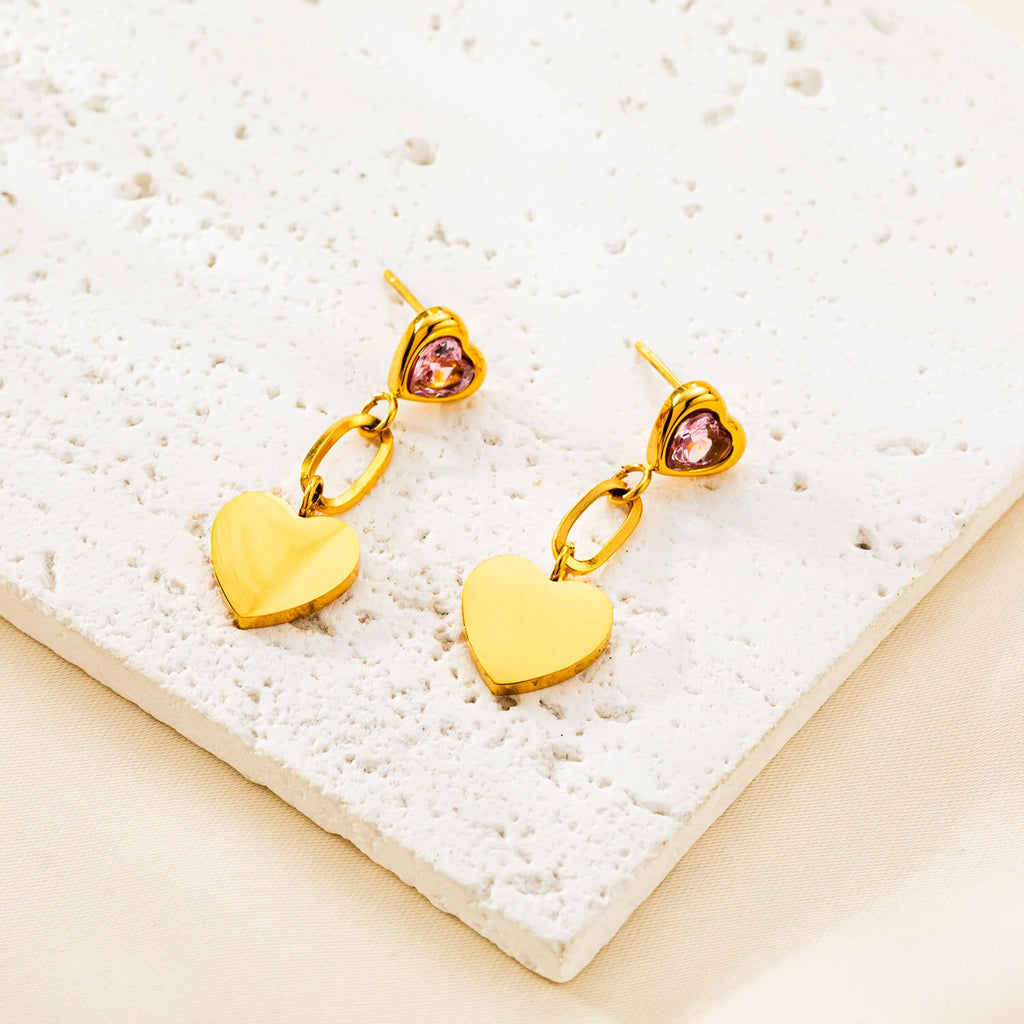 Γυναικεία Σκουλαρίκια Gold Pink Sparkle Heart Earrings