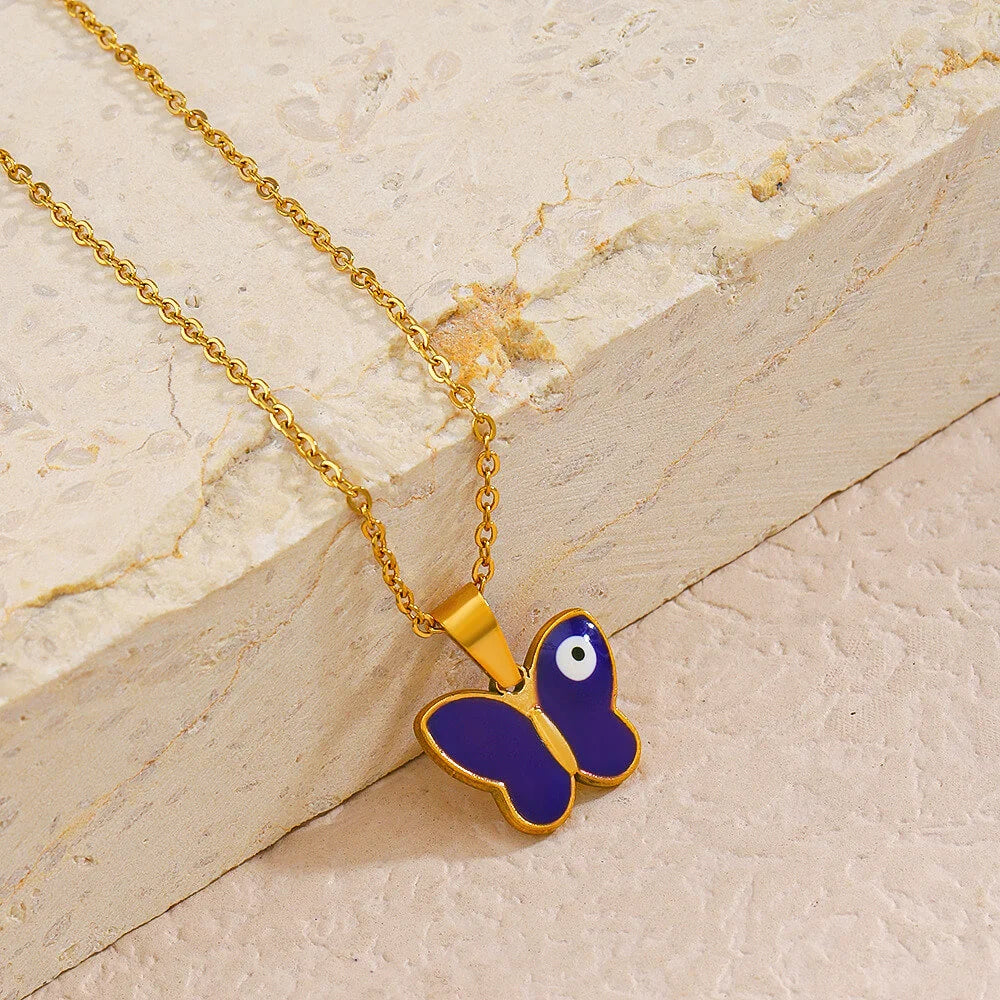 Γυναικείο Κολιέ Gold Blue Butterfly Eye Necklace