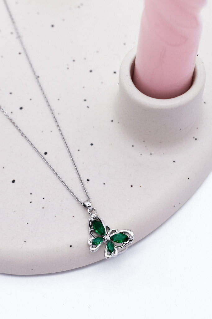 Γυναικείο Κολιέ Butterfly Emerald Silver Necklace