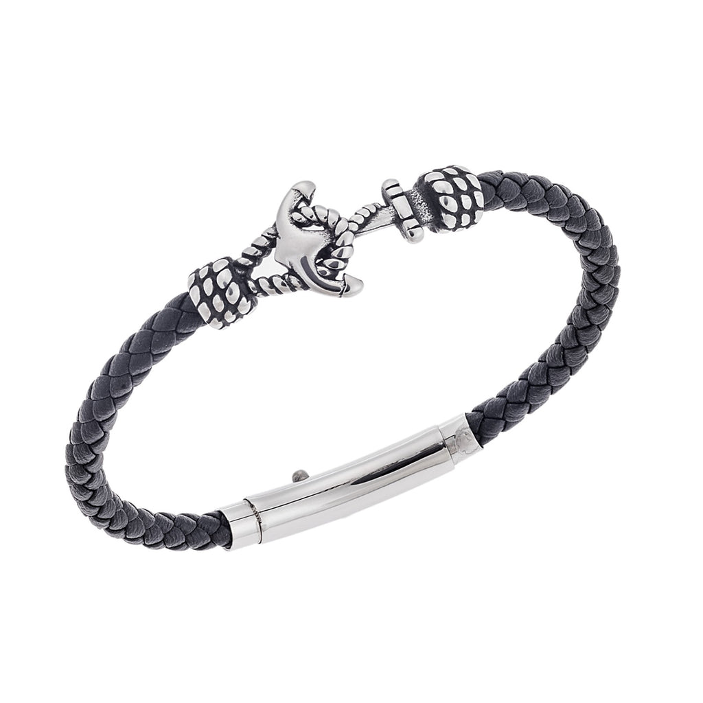 Βραχιόλι Ανδρικό Steel Black Leather Strap, δέρμα με άγκυρα