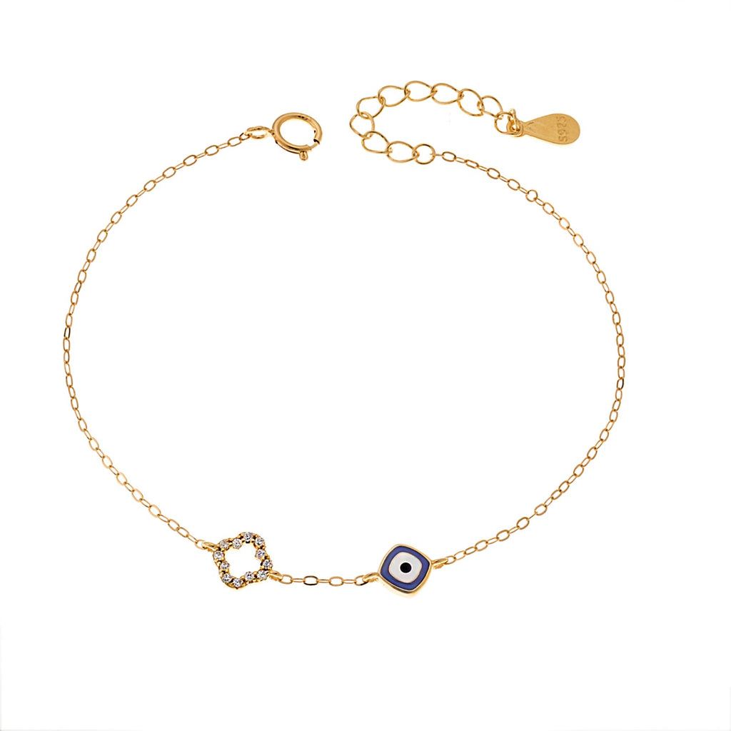 Βραχιόλι Gold Plated Silver 925, Ματάκι μπλε με σμάλτο και σταυρό με ζιργκόν