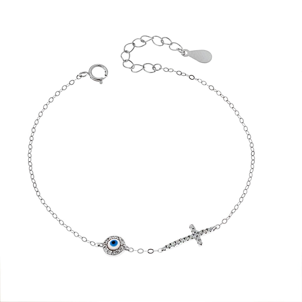 Βραχιόλι Silver 925, ματάκι λευκό & γαλάζιο με σμάλτο και σταυρός με ζιργκόν