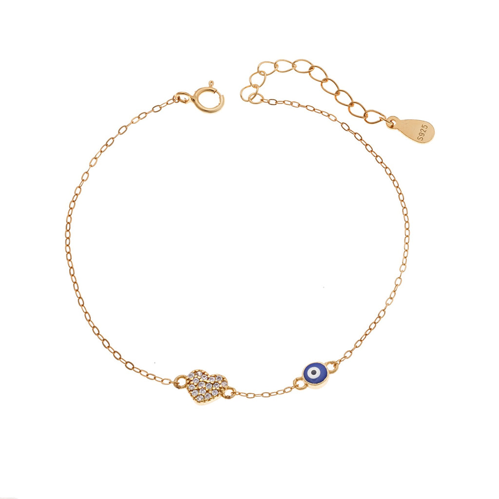 Βραχιόλι Silver 925 Gold Plated, Μάτι με μπλε σμάλτο και καρδιά με ζιργκόν
